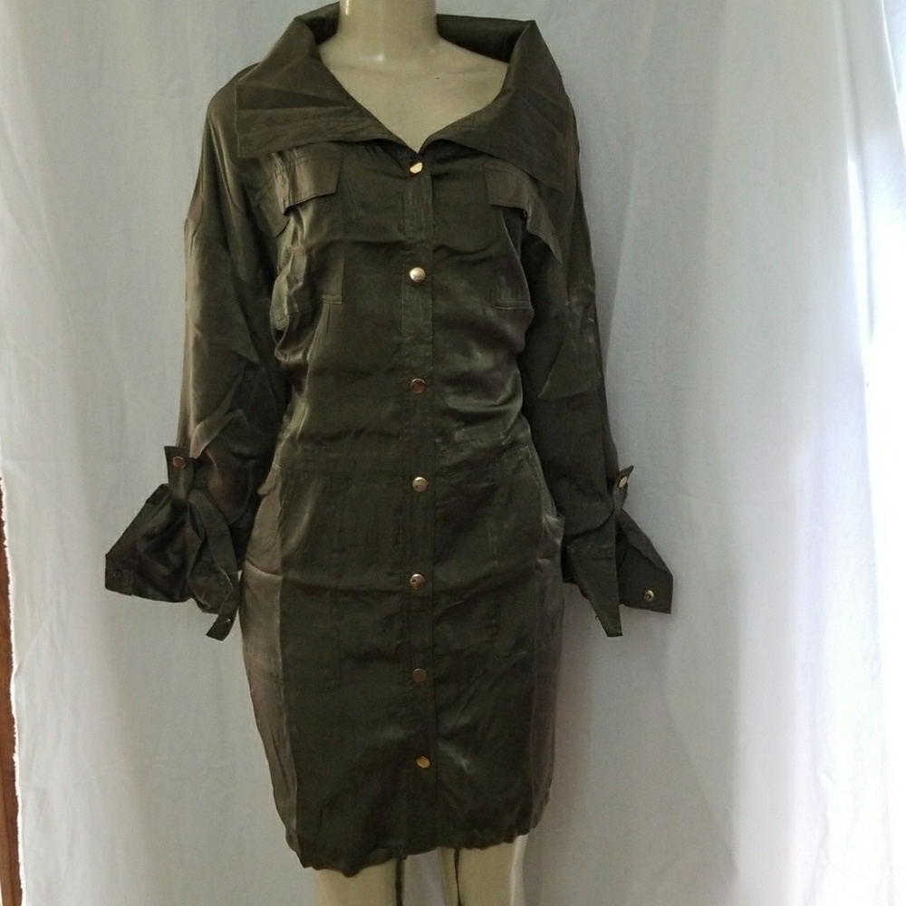 New Plus size metallic army green button up dress